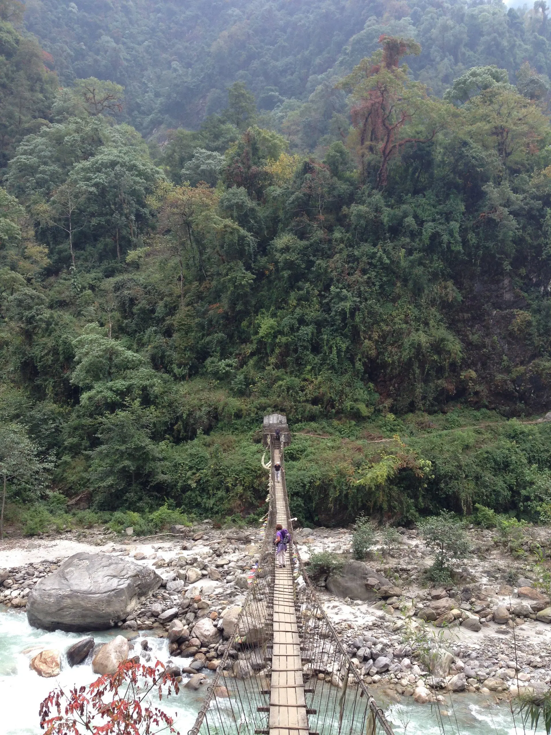 Lange, schmale Brücke über einen Fluss